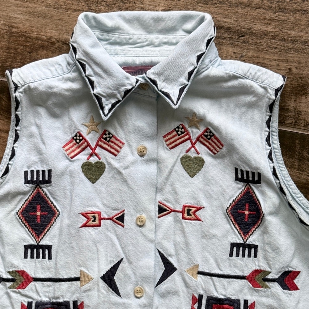 Cambridge Country Store Vintage Embroidered Americana‎ Sleeveless Denim Shirt,6